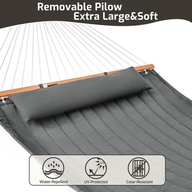 CHULIM Double Quilted Fabric Hammock with Hardwood Spreader Bars and Pillow 450 LBS Capacity 2 Person Large Hammock for Outdoor Patio Backyard Poolside - Dark Grey - Image 4